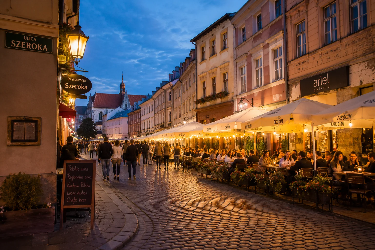 Ulica Szeroka i restauracje na krakowskim Kazimierzu wieczorem